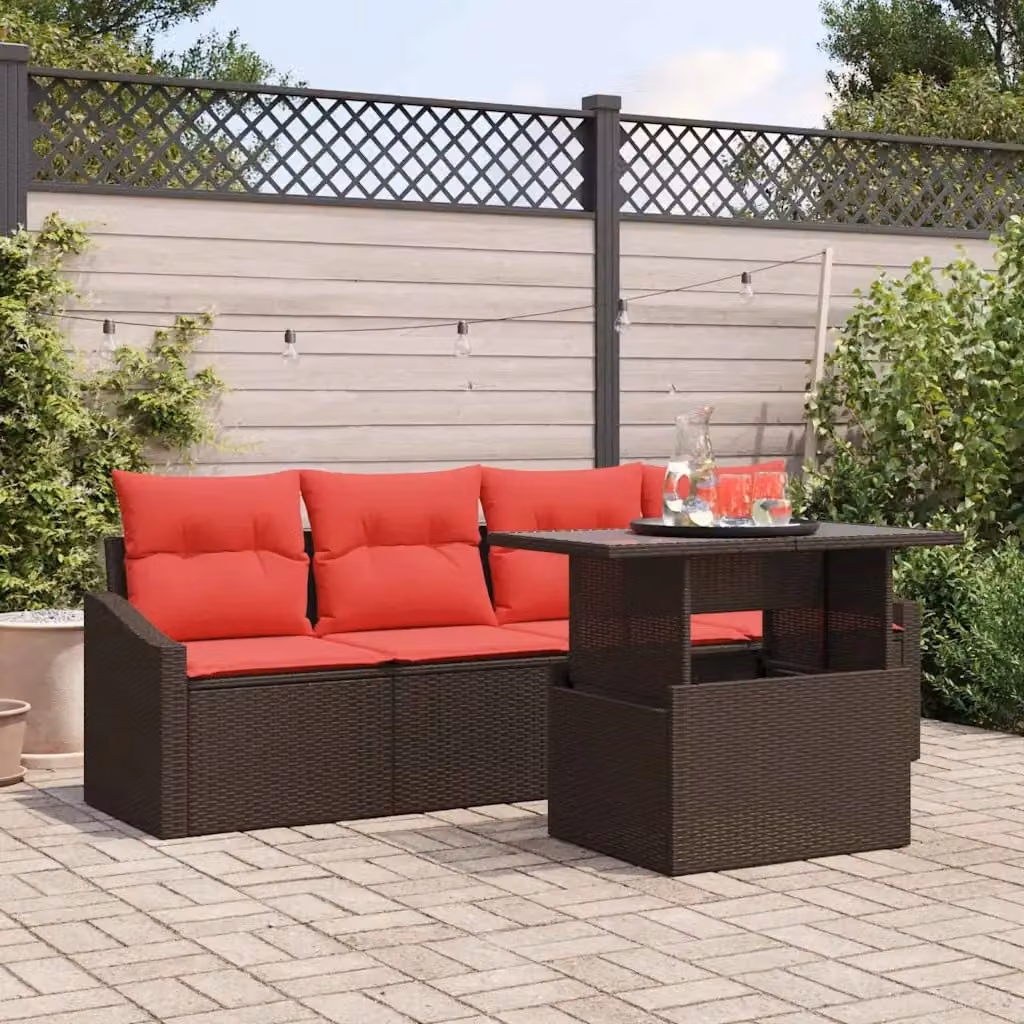 Set Divano da Giardino vidaXL 5 Pezzi con Tavolino, Marrone e Rosso, Struttura in Metallo e Tessuto Resistente ai Raggi UV
