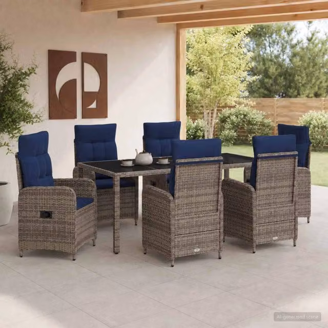 Set da pranzo per esterni moderno vidaXL in polyrattan grigio con tavolo in vetro, 7 pezzi – 1