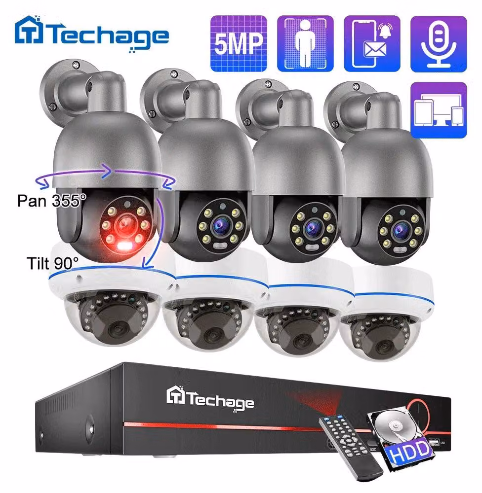 Kit di telecamere di sicurezza con 8 canali, videoregistratore NVR da 5MP, telecamere dome PTZ e rilevamento del movimento