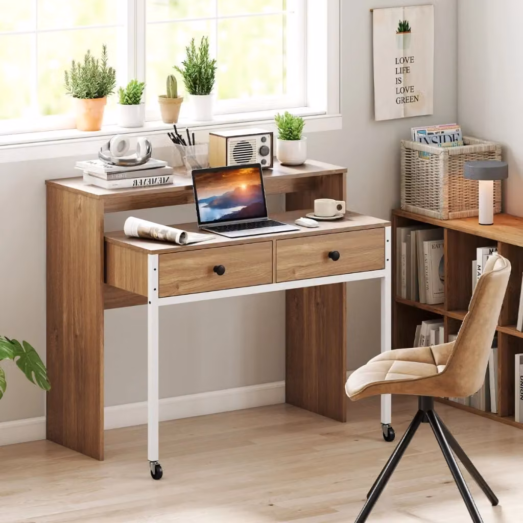 Scrivania per computer estensibile con ruote e cassetti in legno e metallo, tavolo da trucco moderno beige o marrone, L: 88 cm, P: 36 cm, H: 100 cm – 2