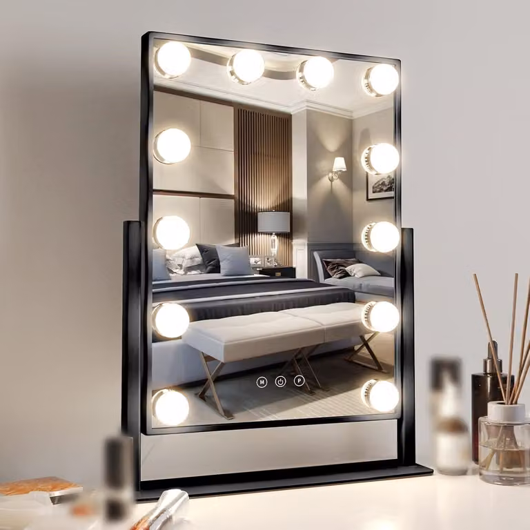 Specchio per il trucco AIORBER, 12 LED dimmerabili, ruotabile a 360°, commutazione della luce a 3 colori, pannello di controllo smart touch, con illuminazione, 35,31x7,37x47cm, nero