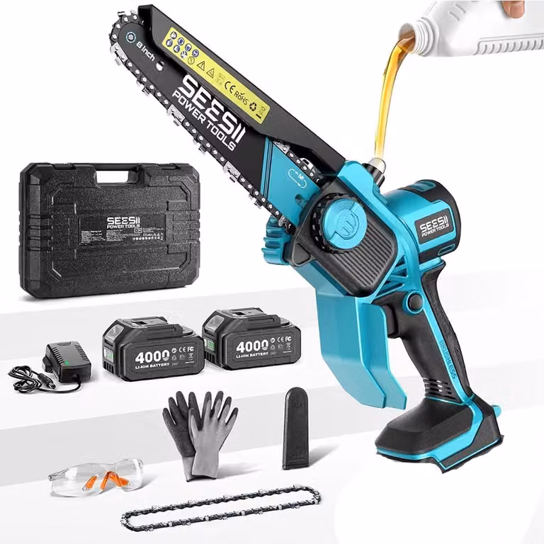 Troncatrice a batteria compatta - Seghetto elettrico per potatura - Motore brushless - 2 batterie da 4 Ah - Ricaricabile - Lubrificazione senza utensili - Ideale per lavori di giardinaggio e lavorazione del legno