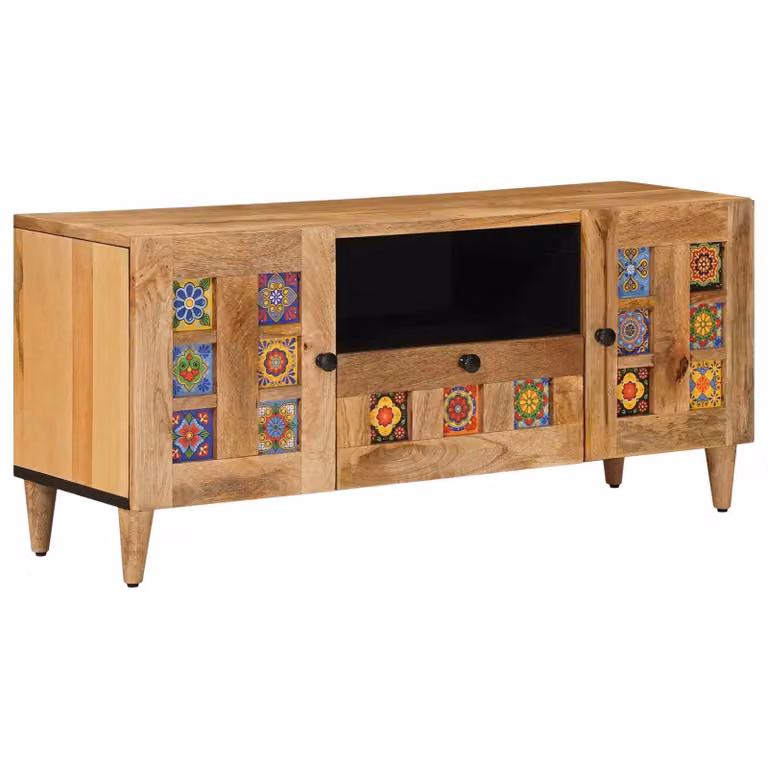 Mobile TV vidaXL in legno di mango massello, colore naturale beige e marrone, L 105 x P 33,5 x H 46 cm