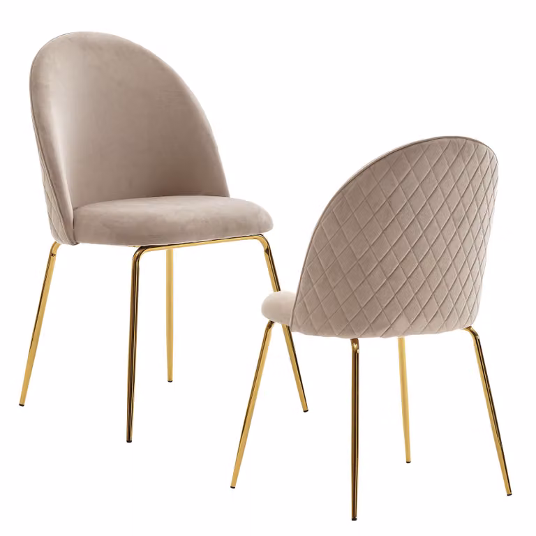 FineBuy Design Sedie da pranzo in velluto beige, set da 2 con trapuntatura, sedia da cucina moderna, sedia da pranzo con gambe dorate, comode sedie da cucina imbottite