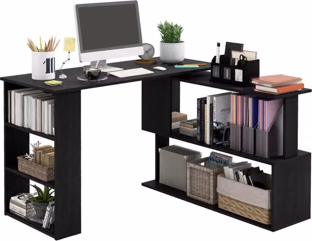 Scrivania angolare Minimal con libreria nera per home office e camerette L/P/H: 120 x 110 x 74,5 cm – 1