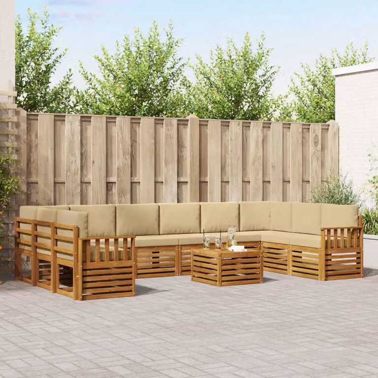 vidaXL Set di divani da esterno a L in legno di acacia con cuscini, 11 pezzi, Beige e Naturale