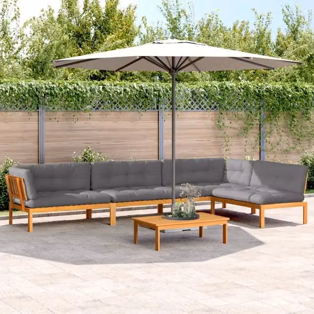 Set Divano da Giardino Pallet vidaXL in Legno di Acacia Oliato con 5 Cuscini Grigi