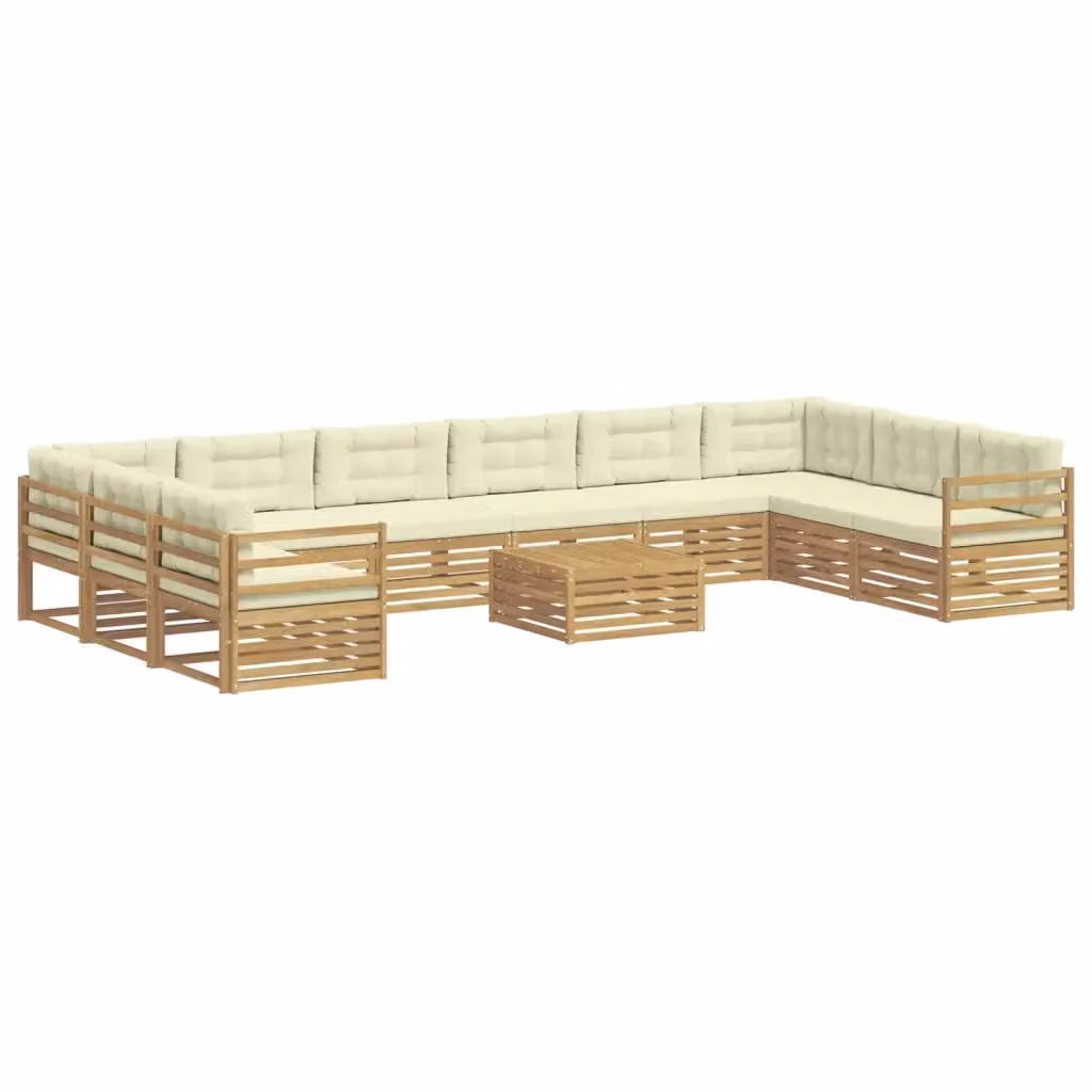 Set di divani da giardino a forma di L con tavolo da caffè vidaXL, 11 pezzi, in legno di acacia marrone e beige con cuscini inclusi – 2