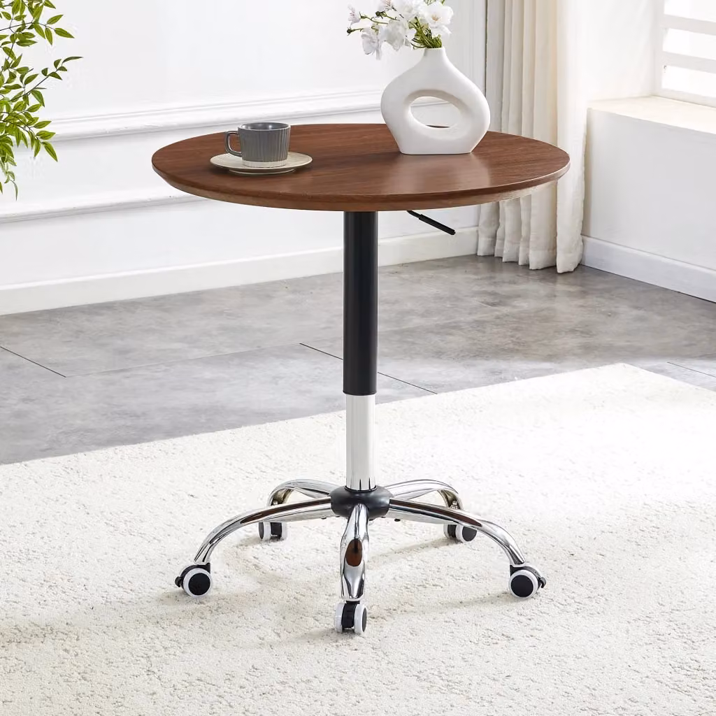 Tavolo alto regolabile in altezza Mivray con ruote, piano rotondo in MDF effetto noce e base in metallo cromato, L/P/H: 70 x 70 x 73.5–98.5 cm – 2