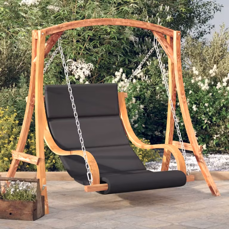 Sedia a dondolo vidaXL in legno di abete massello con cuscino antracite e finitura teak per giardino e terrazzo