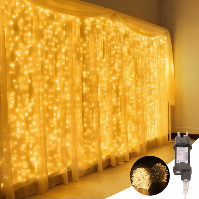 Tenda luminosa a LED, 600 luci, 6x3 metri, luce bianca calda, grado di protezione IP44, 8 modalità