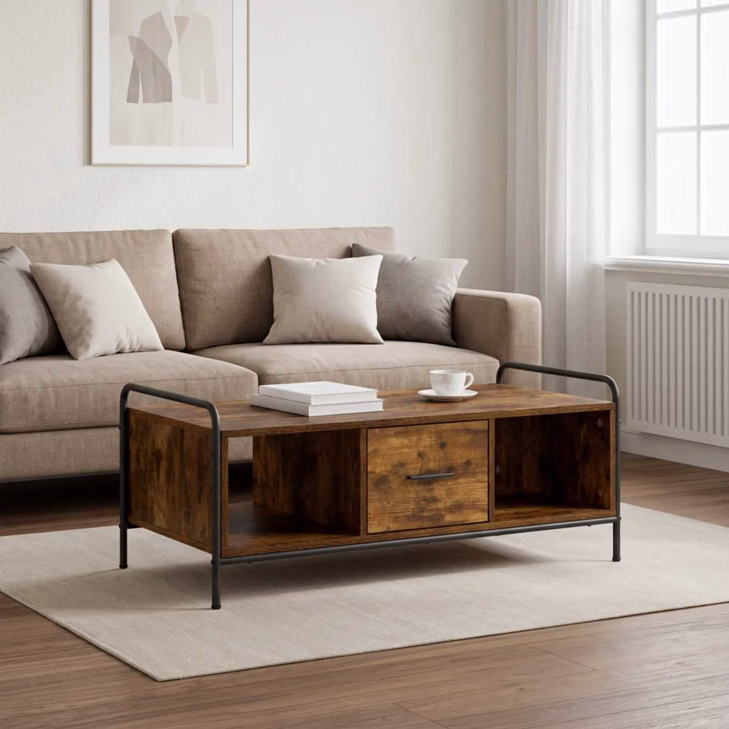 Tavolino da salotto moderno vidaXL in rovere fumo e metallo, L/P/H: 99,5 x 49 x 41 cm