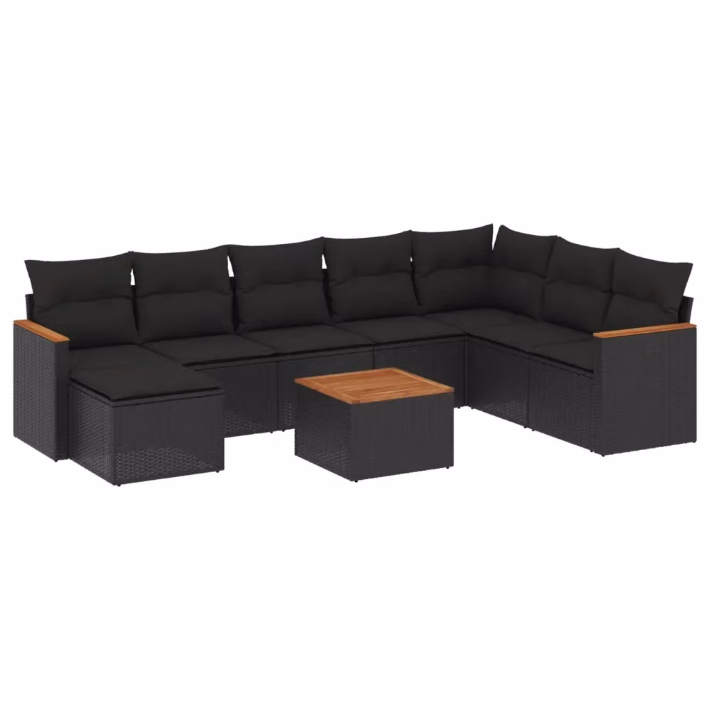 vidaXL Set Divani da Giardino 9 pz con Cuscini Nero in Polyrattan e Acciaio – 2