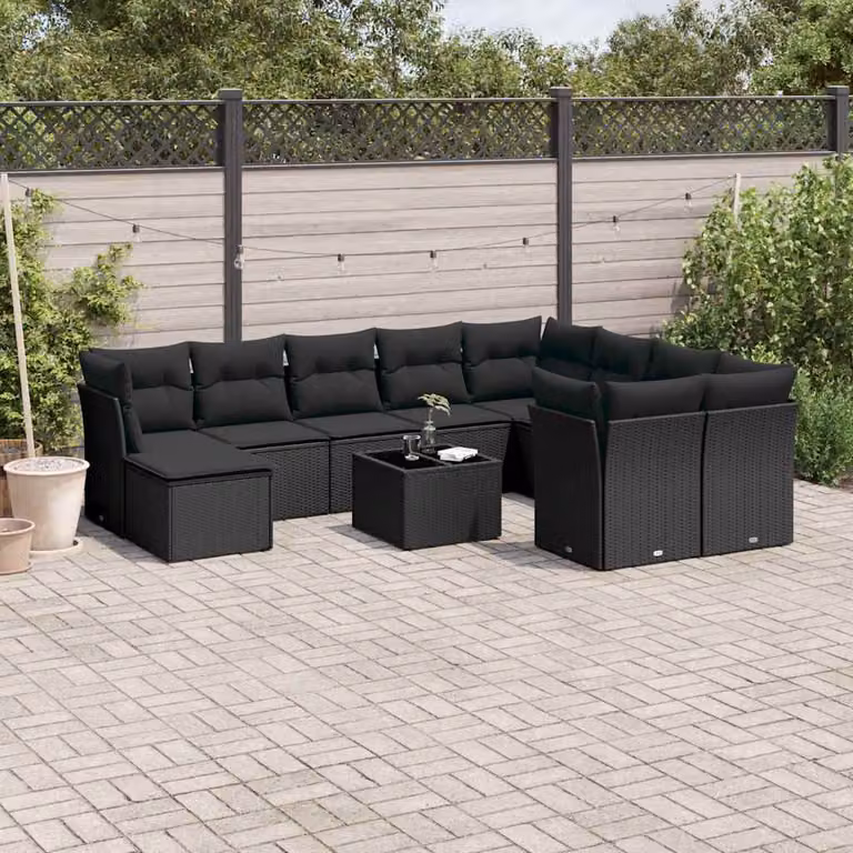 vidaXL Set Divani da Giardino 11 pz in Polyrattan Nero con Cuscini e Tavolino