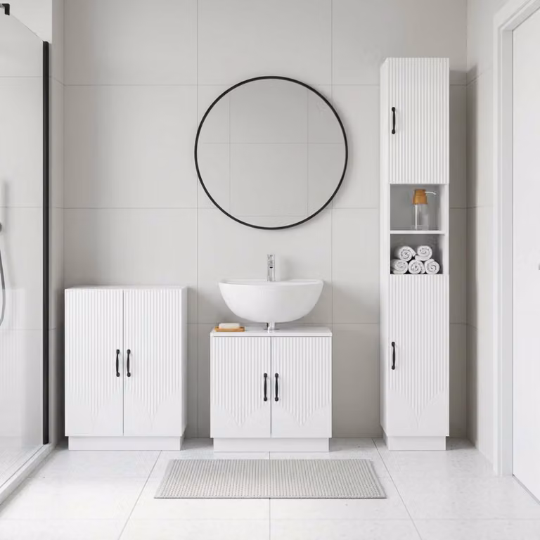 Set di armadietti da bagno 3 pezzi vidaXL HOORN Bianco Lucido con mobile lavabo e pensili