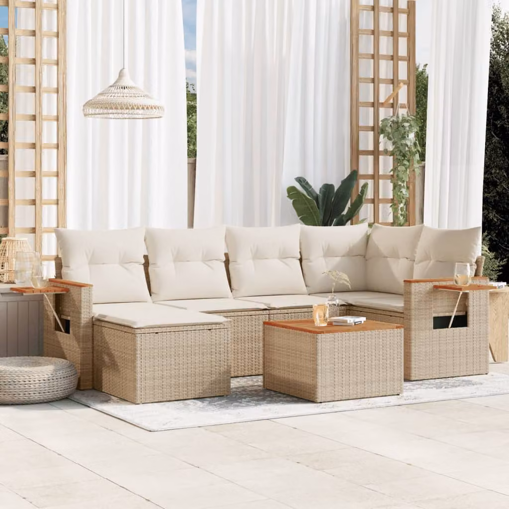 Set di divani da giardino vidaXL a forma di L composto da 7 pezzi con cuscini beige in polyrattan e tavolino da esterno – 1