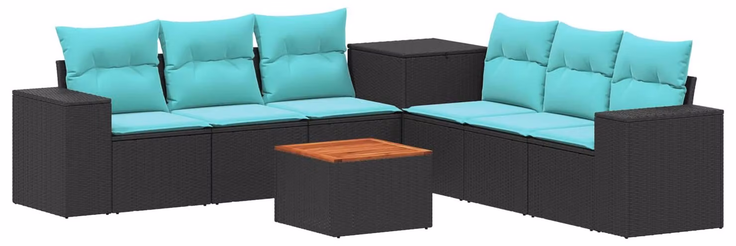 Set di divani da esterno, 8 pezzi, colore nero e blu, realizzato in rattan sintetico e acciaio