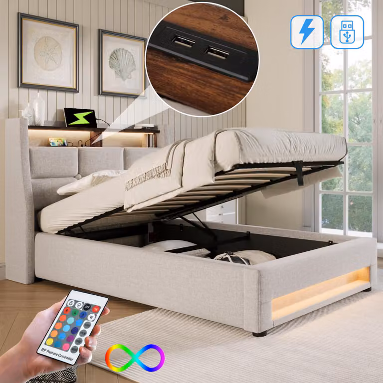 Letto imbottito 90x200 cm con illuminazione LED, 2 porte USB, spazio contenitivo con sistema a gas, ripiano e rete a doghe, rivestito in lino, colore beige chiaro