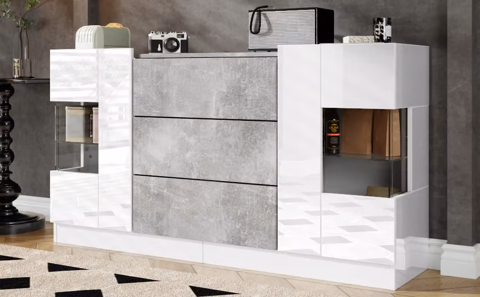 okwish Mobile da cucina con illuminazione LED a 16 colori, moderno, con 2 ante e 3 cassetti, mobile contenitore, credenza, 140 x 35 x 75 cm, bianco
