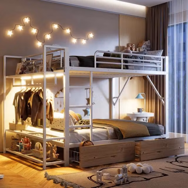 Letto a Castello 140x200 ¨C Xylo ¨C Bianco, Metallo, LED, Cassetti, Senza Materasso