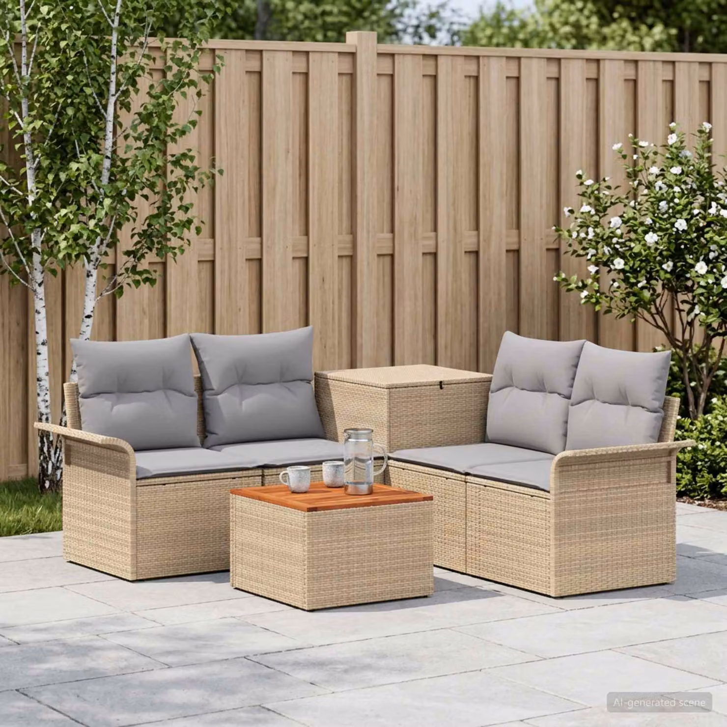 Set di divani da giardino vidaXL a forma di L con tavolino e pouf, 6 pezzi, Beige e Grigio Chiaro