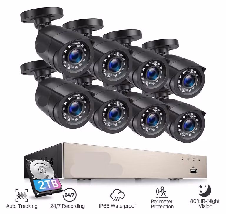 Sistema di videosorveglianza: DVR Lite a 8 canali da 5MP e 8 telecamere da esterno a 1080p. Visione notturna. Senza disco rigido