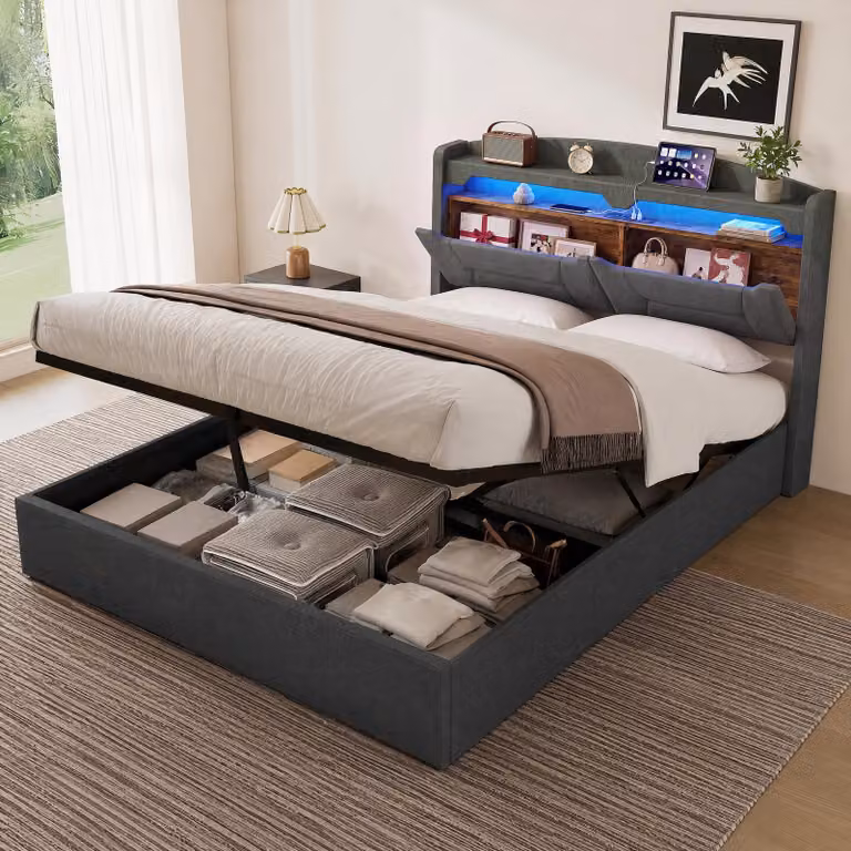 Letto imbottito UnboxG, 140x200 cm, con spazio contenitore, testiera con vano portaoggetti, illuminazione LED, 2 prese USB e di tipo-C, funzione hub, rivestimento effetto lino grigio, struttura del letto
