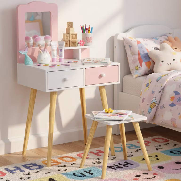 Clevich, set 2-in-1 per tavolino da trucco per bambini, tavolino da parrucco da principessa con specchio
