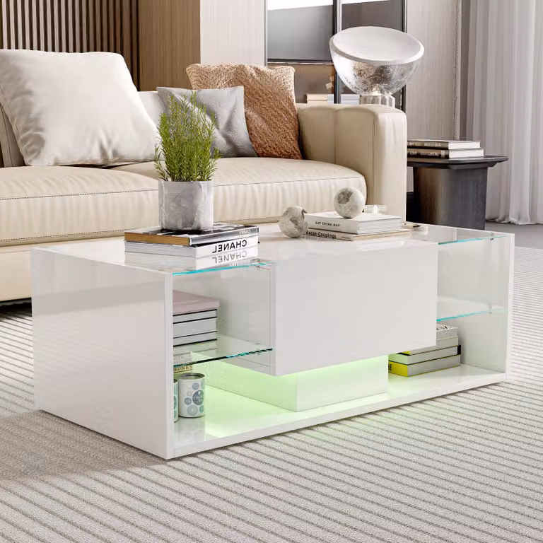Tavolino LED galleggiante, bianco, piano in vetro temperato, illuminazione LED controllabile tramite app e telecomando