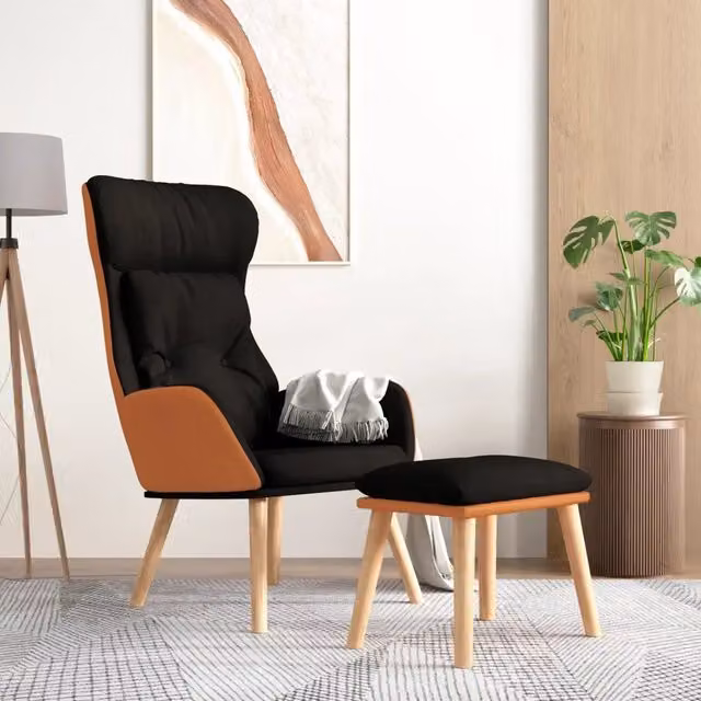Poltrona Relax con Poggiapiedi vidaXL in Similpelle e Tessuto Nero con Struttura in Metallo e Legno