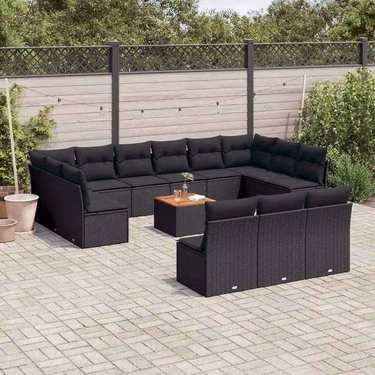 vidaXL Set Divani da Giardino a Forma di U in Polyrattan Nero con Cuscini e Tavolino da Esterno