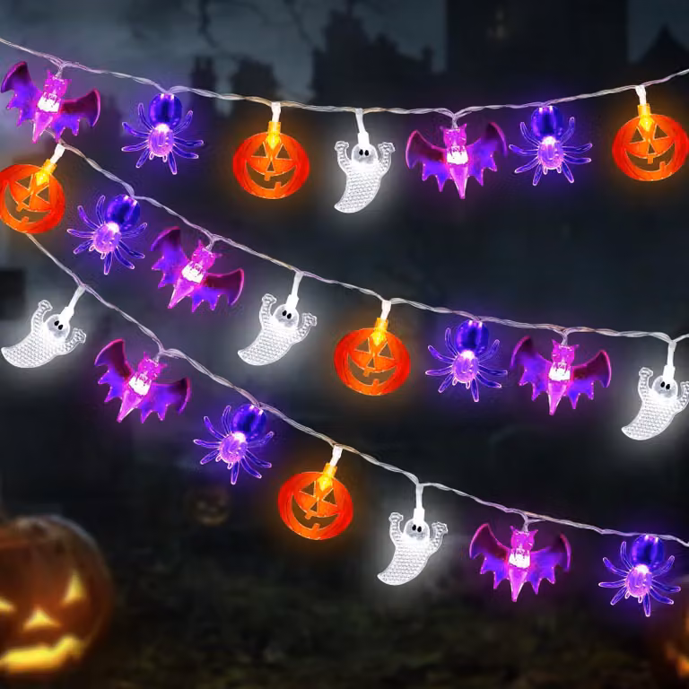 Catena luminosa a tema Halloween, 7 metri, 40 LED, con decorazioni a forma di zucca, ragno, pipistrello e fantasmi