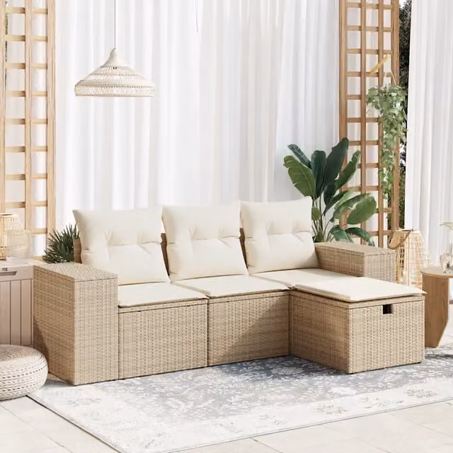 Set Divano da Giardino 4 pz con Cuscini-Sofa da Giardino-Divanetto da esterno Beige in Polyrattan 125399