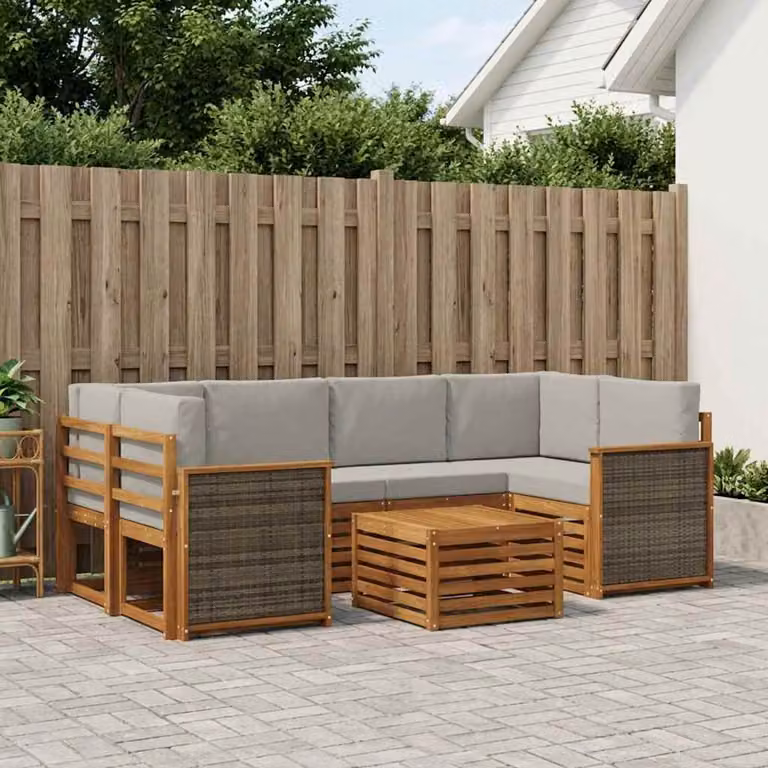 Set di divani da esterno vidaXL a forma di L composto da 7 pezzi in legno di acacia con cuscini in beige e grigio chiaro