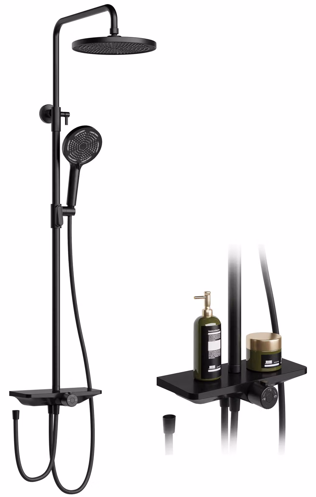 Sistema doccia - Doccia a pioggia circolare da 25 cm - Acciaio inossidabile - Barra a parete regolabile in altezza e orientabile - Con ripiano - Colore nero