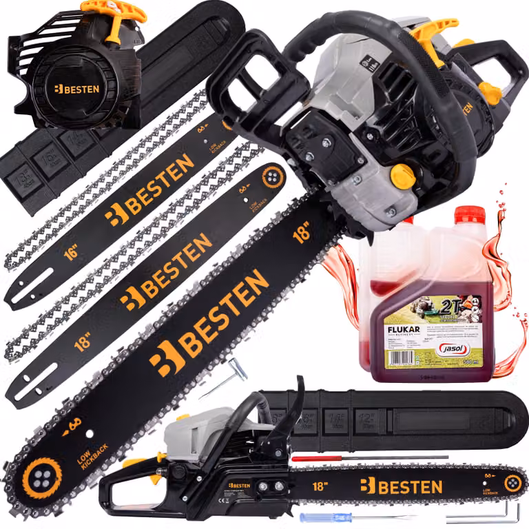 Motosega a benzina BESTEN, motosega a benzina, motosega per legno 58CC, 2x catena, 2x barra di guida + olio