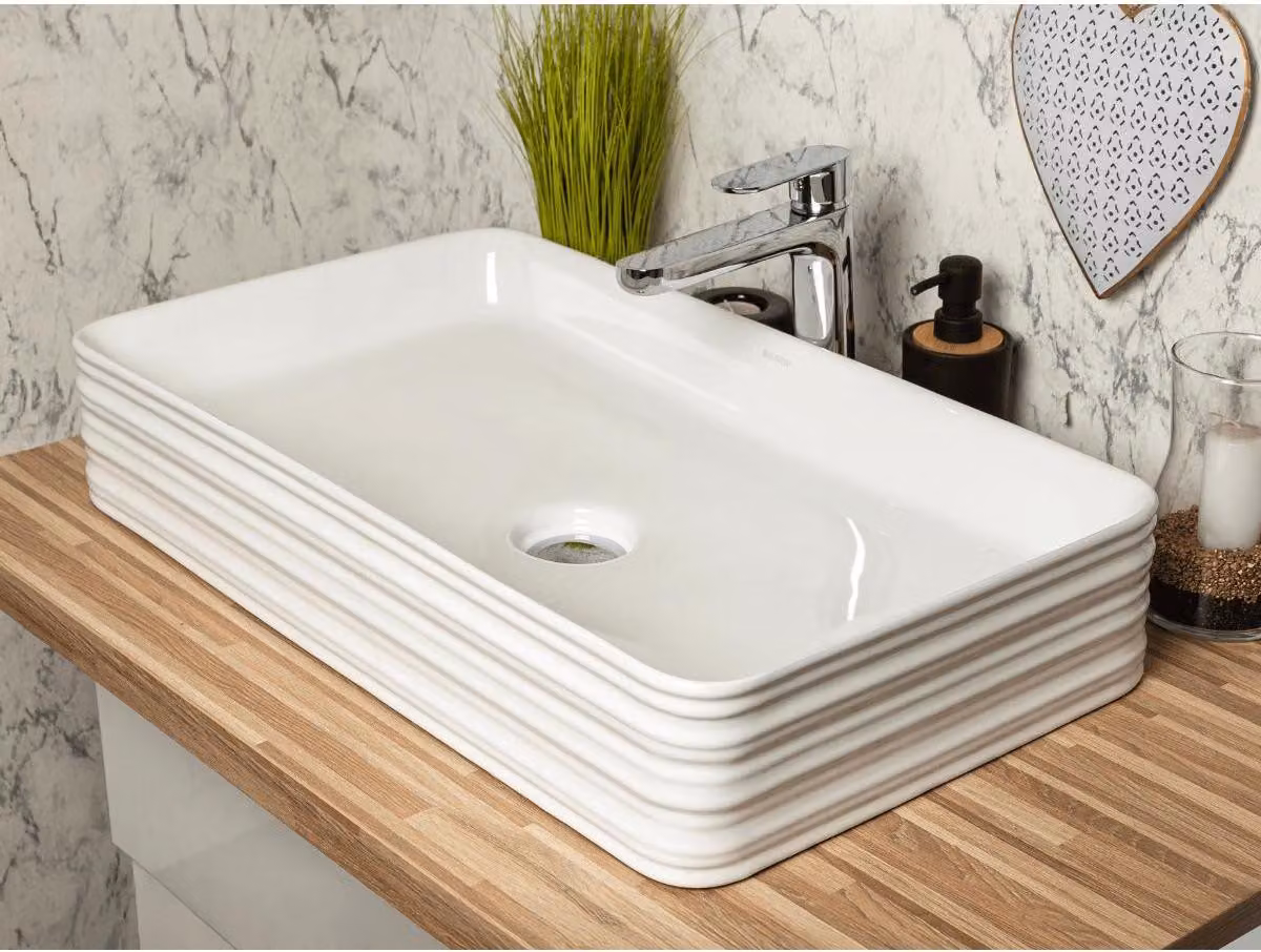Kerra | Lavabo - Lavabo da appoggio Kr-053 - 67,5X37,5 Cm - Bianco lucido - Design elegante - Vetroceramica di alta qualità
