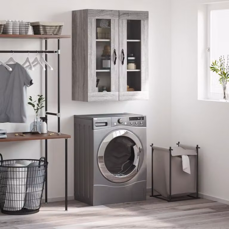 Mobile a parete vidaXL in legno multistrato Grigio Sonoma, design moderno con ante a vetro e ripiani interni, L 69,5 cm x P 34 cm x H 90 cm