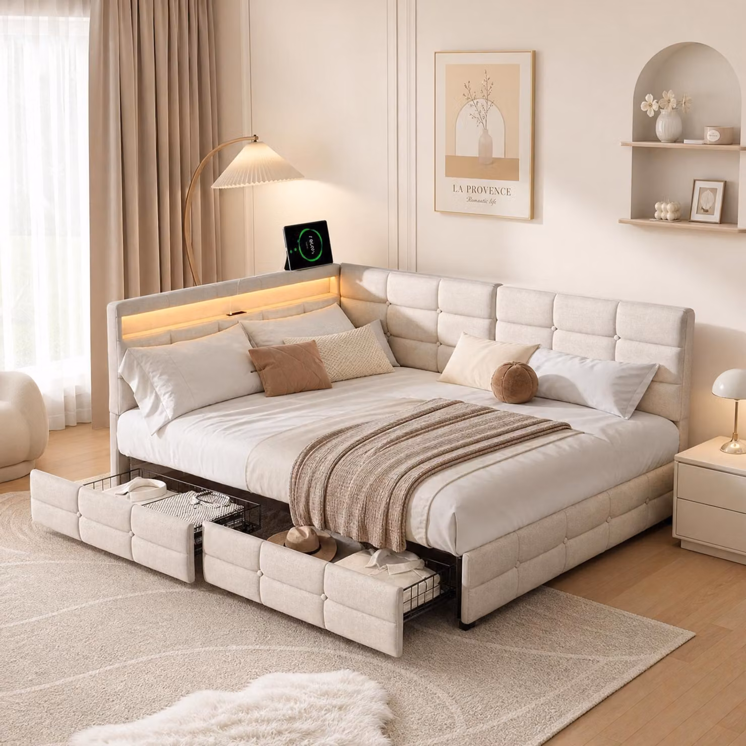 Letto imbottito INONEFT, 140 x 200 cm, letto matrimoniale, letto per adulti con rete a doghe e due cassetti, letto per bambini con LED e porta USB, tessuto in lino, color beige