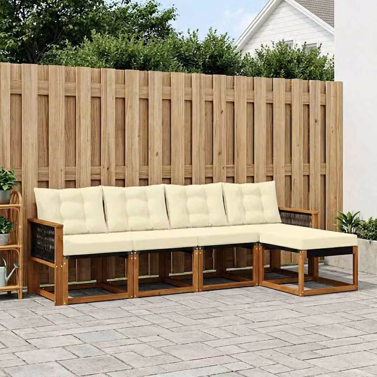 Set di divani da esterno vidaXL 5 pz in legno di acacia con cuscini beige e bianco per giardino e terrazza
