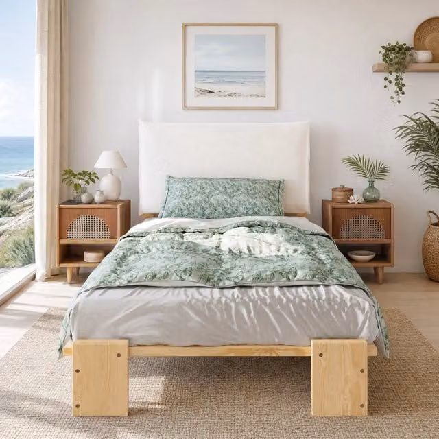 Letto singolo imbottito 90 × 200 cm con testiera in legno naturale rete a doghe e gambe larghe