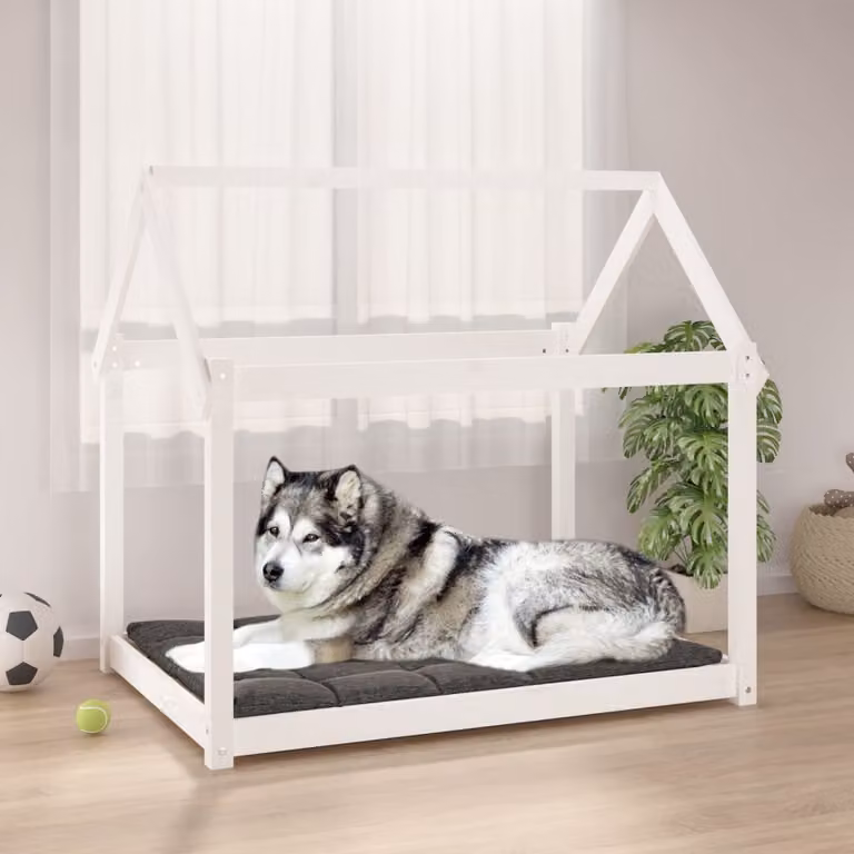 The Living Store Letto per cani bianco 111x80x100 cm in legno di pino massiccio