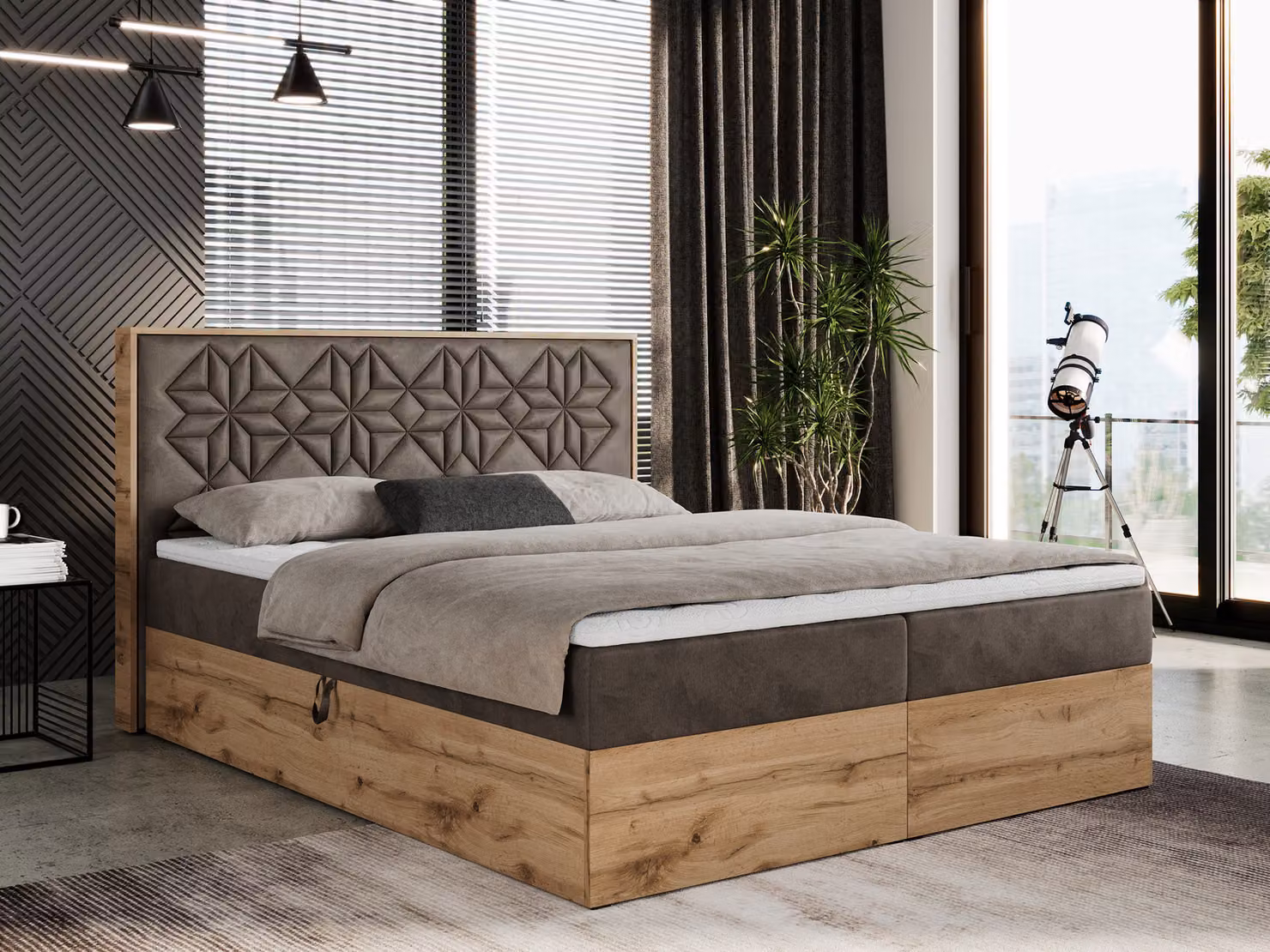 Letto boxspring 160x200 con contenitore, letto imbottito 160x200 con materasso H4, letto boxspring 160x200 con testiera, letto boxspring in legno massello - Nessi - Marrone Velvet - H4