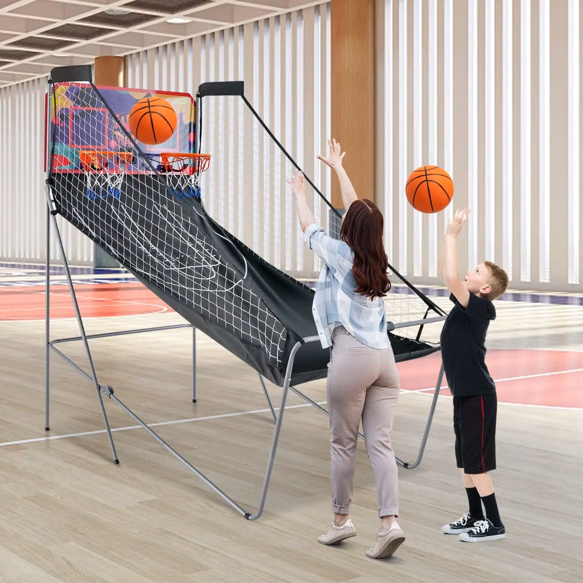 Costway Gioco Arcade di Pallacanestro a Doppio Tiro Pieghevole con Punteggio Elettronico, Viola