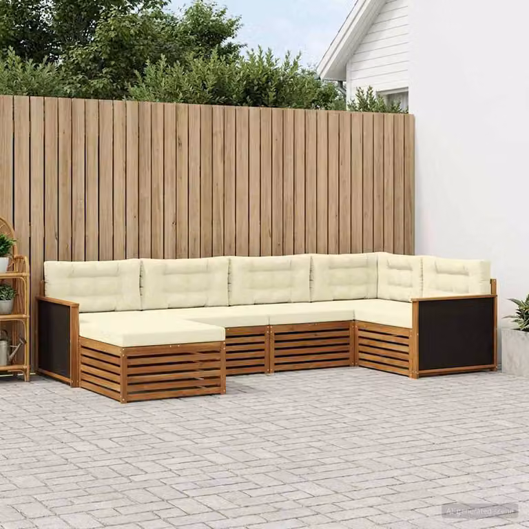 Set di divani da esterno vidaXL 6 pz in legno di acacia con cuscini, forma a L, colori beige, bianco e marrone