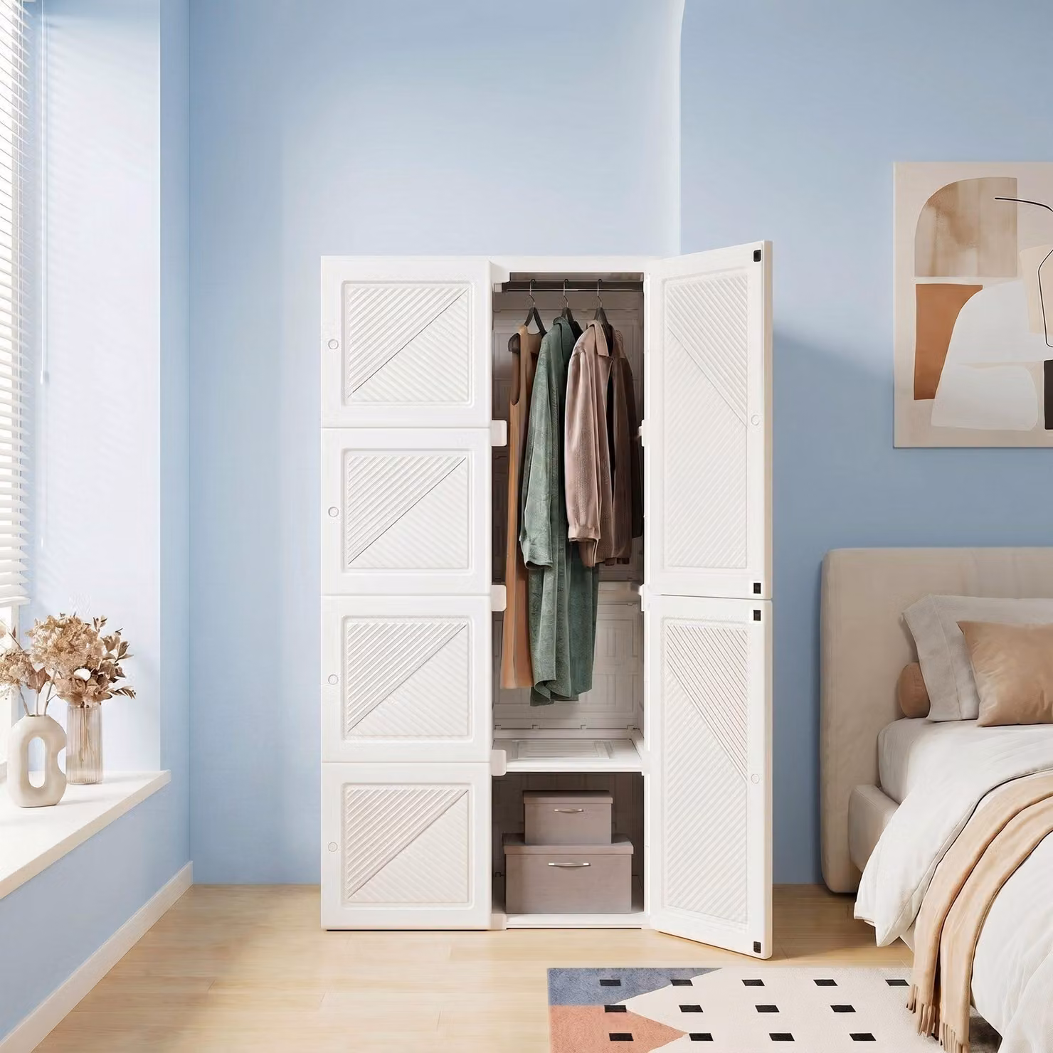 Armadio portatile, mobiletto per l'ingresso, armadio guardaroba, armadio per la camera da letto con 5 scomparti, 6 ante, colore bianco, dimensioni 136x50x69 cm