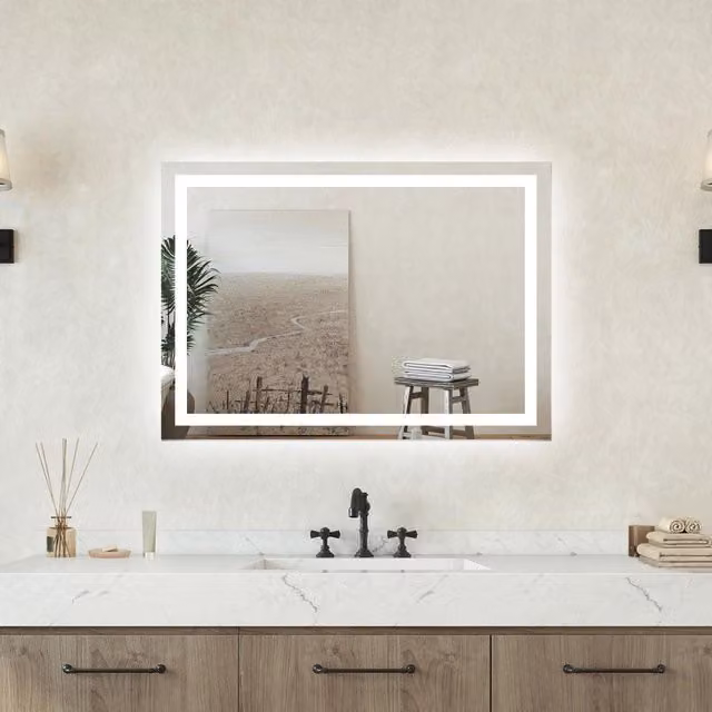 Specchio da bagno rettangolare Aica Italy con retroilluminazione LED dimmerabile e funzione antiappannamento, colore bianco, L: 80 cm, H: 60 cm – 1