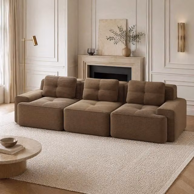 Divano modulare 3 posti 293x104x69 cm in tessuto, marrone, senza montaggio, per salotto –