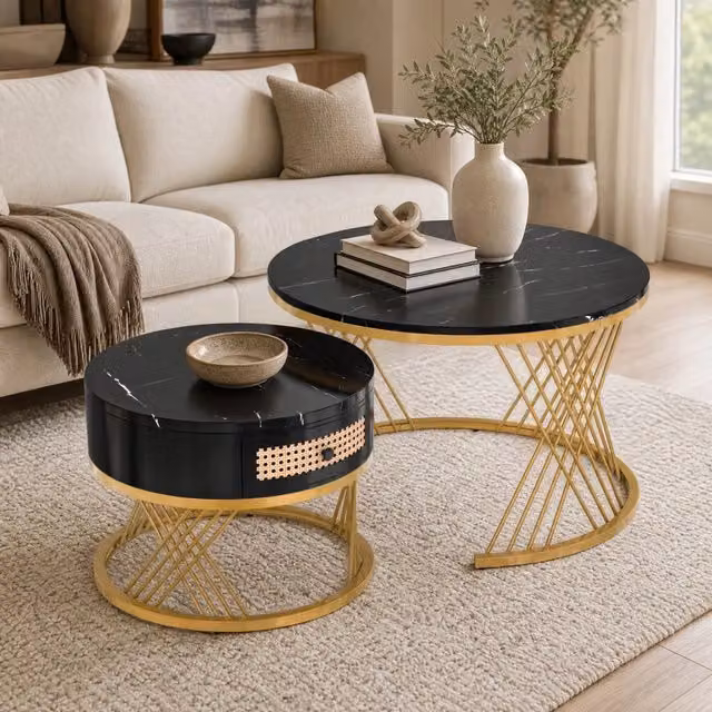 Set 2 tavolini rotondi 70x70 cm nero in MDF, con cassetto e gambe in metallo