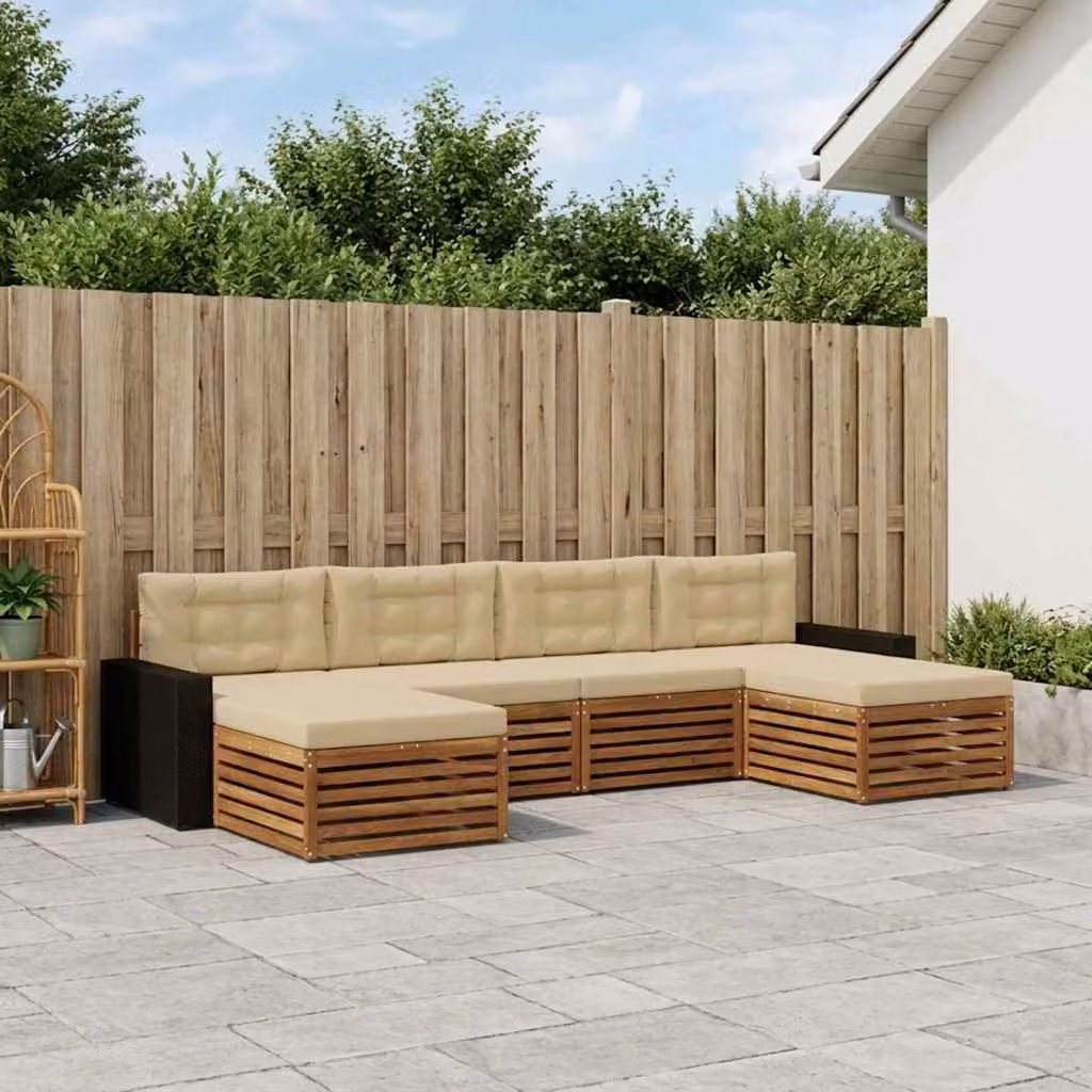 Set di divani da esterno vidaXL a forma di L composto da 6 pezzi in legno di acacia massello con cuscini beige e marroni